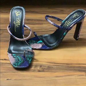 Colorful snake skin open back heels